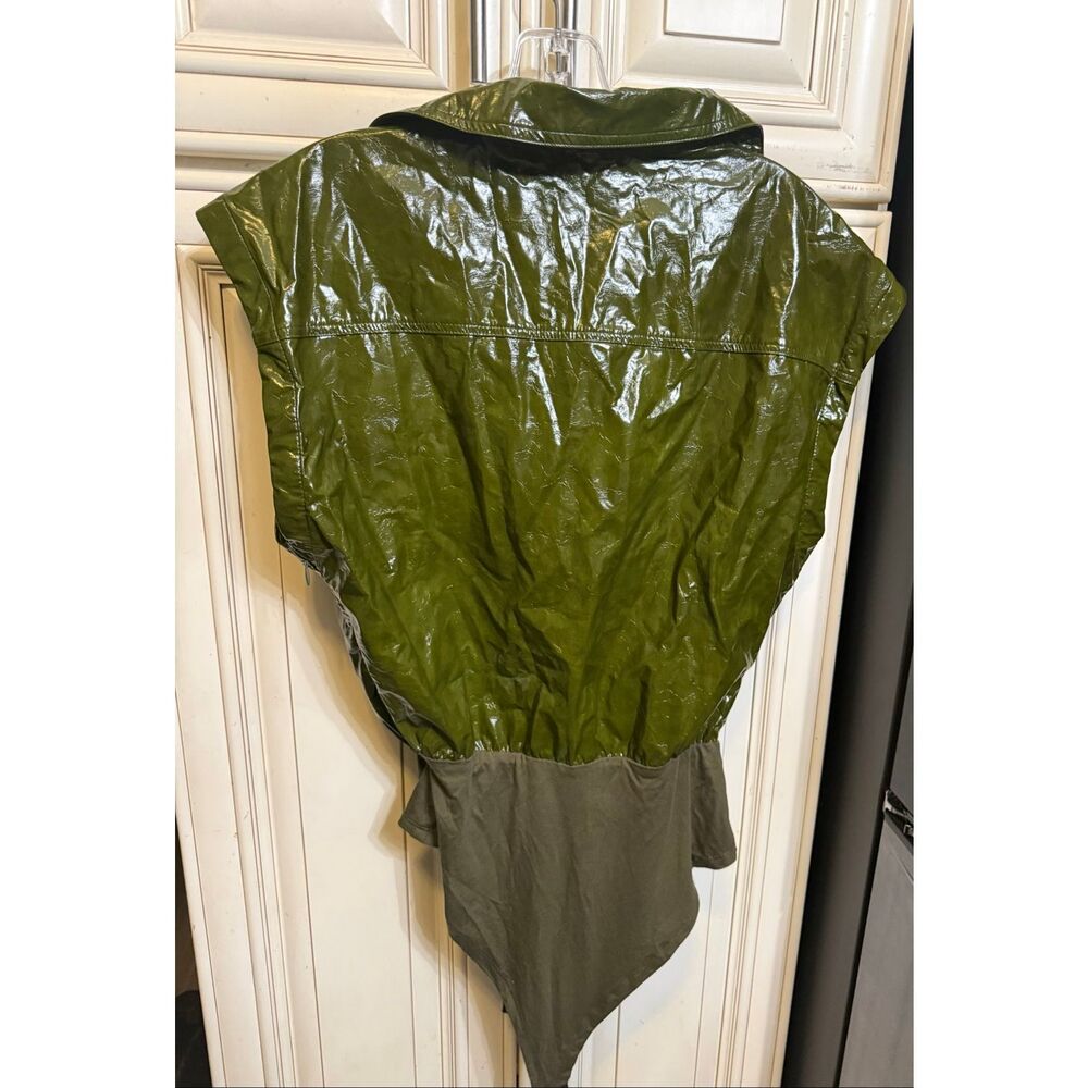 Micas Women's Faux Leather Button Patchwork Tank Sleeveless Bodysuit Olive Large - Picture 11 of 11